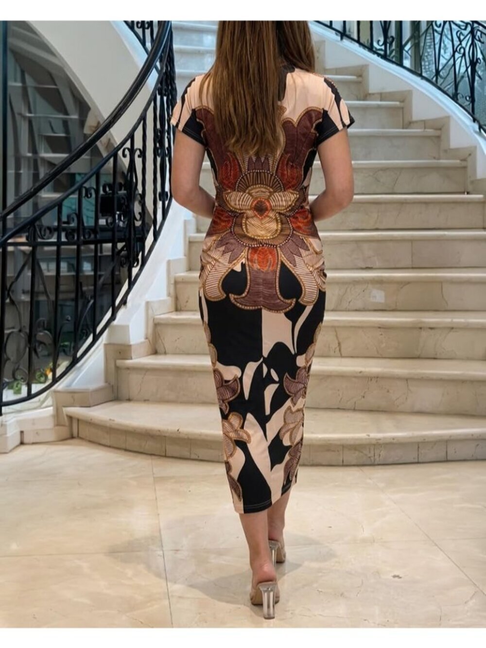 Women Print Brown Polyester Elastane Floral Print V Neck Slit Bodycon Midi Dress - Picture 3 of 6
